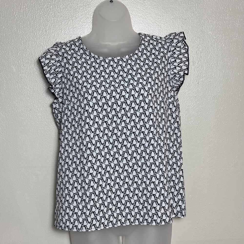 Emery Rose Flutter Sleeve Blouse Tie Back Geometric Print Academia Career Work - Picture 3 of 11
